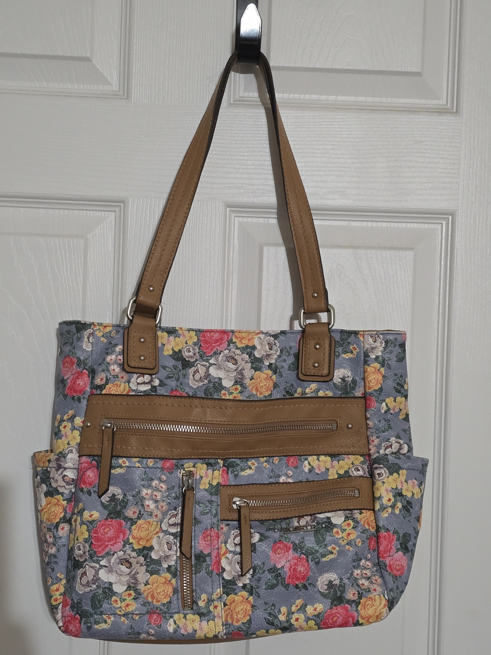 Rosetti Floral Shoulder Bag in Gray with Tan Trim